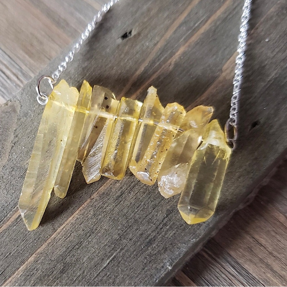 Yellow quartz crystal cluster necklace